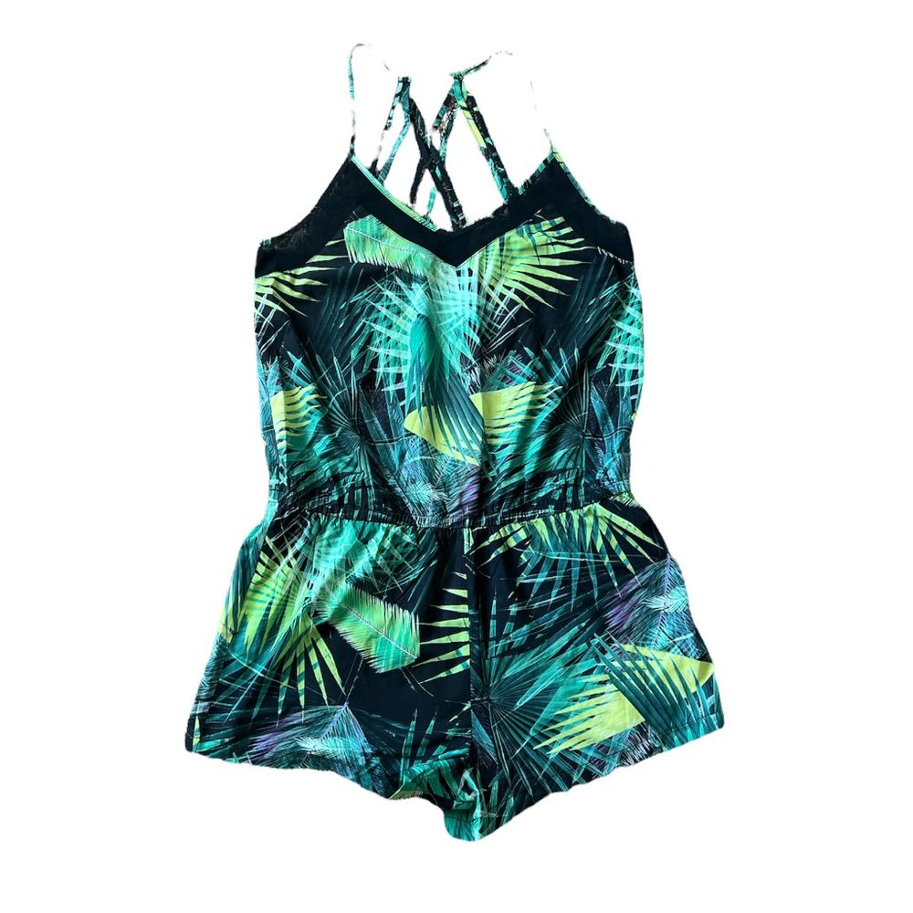 Fabletics L Green Leaf Halter Style Romper Strappy 1076